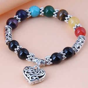 Ethnic 7 chakra energy stretch bracelet with natural stones and heart tassel charm