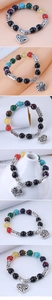 Detailed view of handmade seven chakra bead bracelet with vintage hollow heart pendant