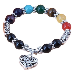7 Chakra Beaded Bracelet With Hollow Heart Pendant Alloy Resin Beads Elastic Yoga Spiritual Bohemian Jewelry For Women