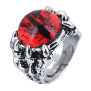 Gothic dragon claw ring with red evil eye gemstone set in silver minimalist metal