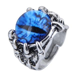 Gothic punk dragon claw ring in silver metal with striking blue eyeball gemstone centerpiece