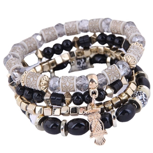 Bohemian multi-layer beaded bracelet set with golden owl charm and mixed color beads