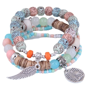 Bohemian Multi-layer Beaded Bracelet Alloy Resin Wood Eiffel Tower Wing Charm Ethnic Style For Women