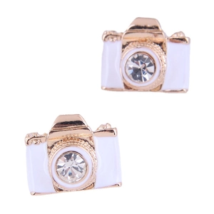 Minimalist gold camera studs with white enamel and sparkling zircon gemstone accents