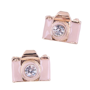Miniature pink camera stud earrings with rose gold plating and sparkling zircon stones