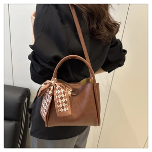 Brown PU leather crossbody bag with decorative diamond pattern silk scarf on handle