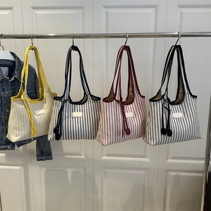Women Striped Canvas Tote Bag Large Capacity Casual Shoulder Bag Minimalist Multi-Functional Striped Fabric Handbag With Magnetic Clasp For Daily Use