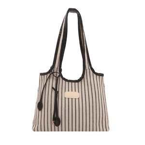 Grand sac cabas en toile rayée avec anses en cuir noir et détails de cordons décoratifs