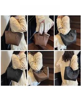 Detail view of large PU leather tote bag in black and brown colors shown from multiple angles