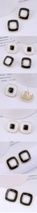 Detail view of square geometric earrings with gold frames and enamel finish contrast