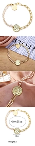 Detail of 18cm pearl and gold chain bracelet with 1.8cm coin pendant and lobster clasp