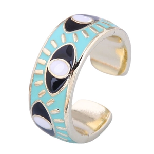 Bague ouverte dorée tendance avec émail bleu clair et motif œil de protection