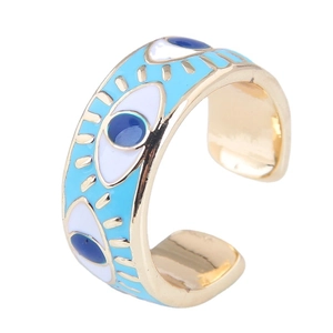 Bague ajustable plaquée or à la mode avec motifs d'yeux en émail bleu élégants