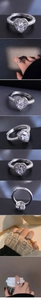 Macro detail of silver adjustable heart halo ring with micro-pave side stones