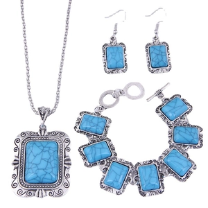 Parure Bijoux Bohème Vintage Collier Boucles D'oreilles Bracelet Alliage Turquoise Synthétique Carré Style Ethnique