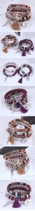 Bohemian multi-layer beaded bracelet set with tassel and engraved metal heart pendant