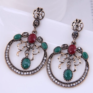 Vintage bohemian earrings with bronze metal frame and colorful resin gemstones