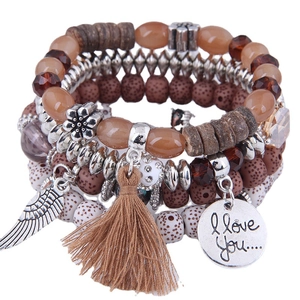 Bohemian Multi Layer Beaded Bracelet With Tassel Heart Wing Charm Alloy Wood Stone Jewelry For Women Daily Dating Gift