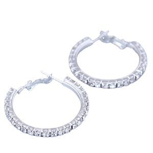 Sparkling 60mm silver hoop earrings with clear rhinestones in a minimalist design