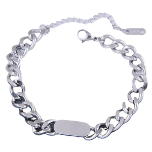 Polished silver stainless steel curb chain bracelet with rectangular flat ID tag and lobster clasp