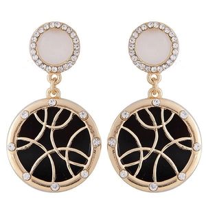Golden round dangle earrings with black geometric grid and white crystal embellishments