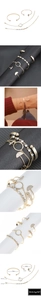 Detail of four-piece gold bracelet set with white zircon accents and size dimensions