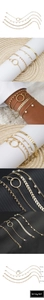 Detail of 4pcs gold bracelet set featuring pearls and geometric charms with measurements