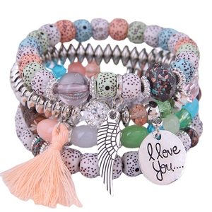 Bohemian Multi-layer Beaded Bracelet Alloy Wood Resin Beads Wing Heart Charm I Love You Pendant Tassel Wristband Women