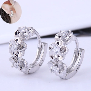 Elegant 925 sterling silver hoop earrings with three zircon-inlaid flower motifs