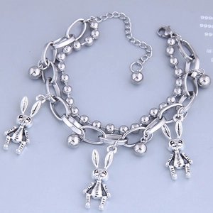 Close-up of double-layer stainless steel bracelet with mechanical rabbit pendants and beads