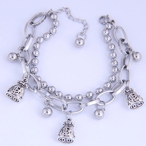 Detail of double-layer stainless steel bracelet with lucky money bag pendants