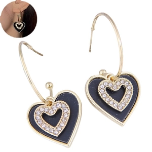 Fashionable heart drop earrings with black base and sparkling zircon inlay in gold finish