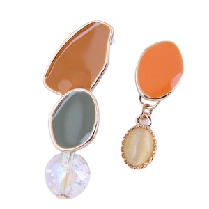 Asymmetric floral vine earrings with colorful enamel and translucent drop beads