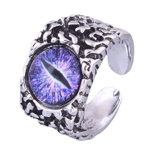 Retro silver dragon eye open ring with purple pupil and gothic scale texture design