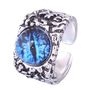 Retro punk adjustable open ring featuring a blue devil eye with textured silver finish