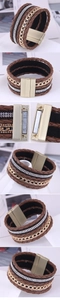 Détail du bracelet multi-rangs en cuir avec strass étincelants et fermoir magnétique