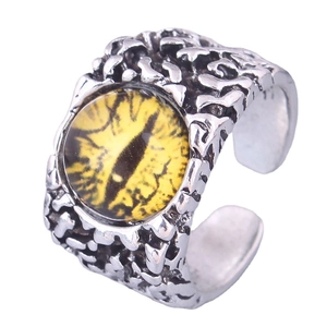 Retro evil eye open ring with yellow cat eye stone and vintage relief patterns