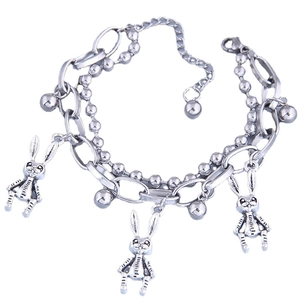 Double-layer silver stainless steel beaded chain bracelet with gothic rabbit pendants