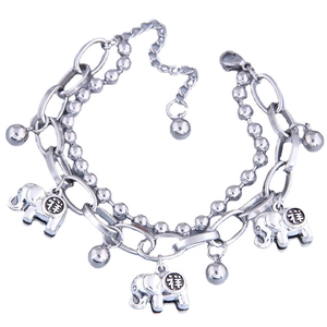 Double-layered stainless steel bracelet with elephant charms and small silver bells