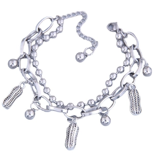 Double-layer stainless steel bracelet with silver beads and peanut-shaped charms