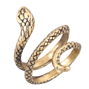 Retro bronze snake wrap ring with detailed scale engraving and adjustable open design