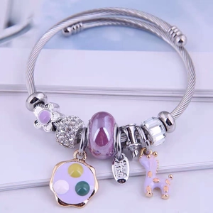 Stainless Steel Twisted Cable Open Cuff Bracelet For Women With Enamel Animal Floral Charms And Rhinestone Glass Beads