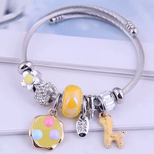 Silver stainless steel cable bangle with giraffe pendant and colorful enamel charms