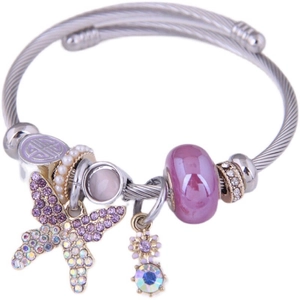 Edelstahl Armreif Mit Lila Glasperlen Und Schmetterling Anhängern Romantischer Modeschmuck Für Damen Verstellbar