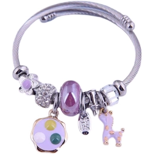 Silver stainless steel open bangle featuring purple floral charms and crystal beads