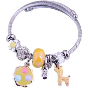 Stainless steel wire cable open bangle with yellow daisy and giraffe charms