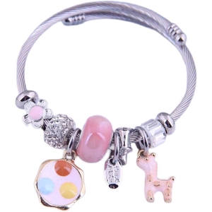 Pink charm open cable bracelet with enamel flower and giraffe pendants in stainless steel
