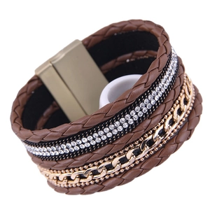 Bracelet Large Multicouche Style Bohémien Femmes Alliage Strass Similicuir Fermoir Magnétique Bijoux Mode