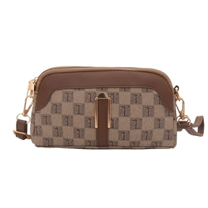 Brown monogram crossbody bag with faux leather trim and gold hardware details