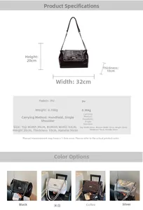 Size chart showing dimensions for large PU leather tote with color options in four shades